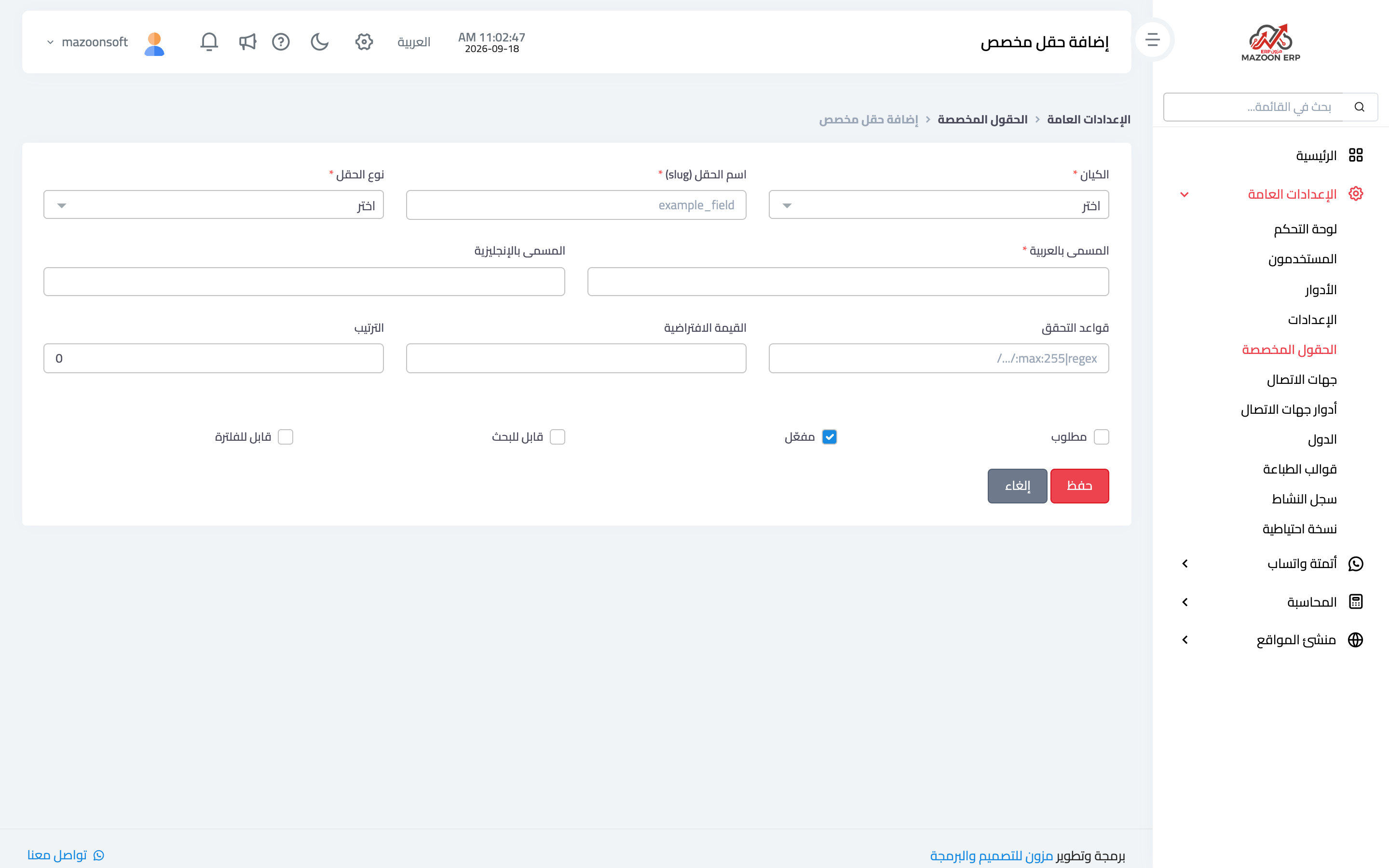 صفحة إضافة حقل مخصص: الكيان والنوع والمسمّيات والخيارات