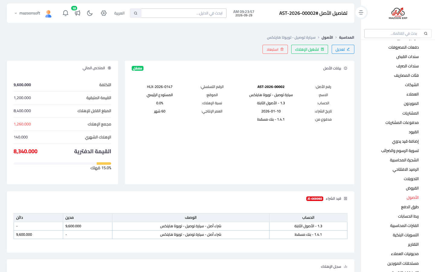 The asset page: financial summary and purchase entry, with the depreciation history below