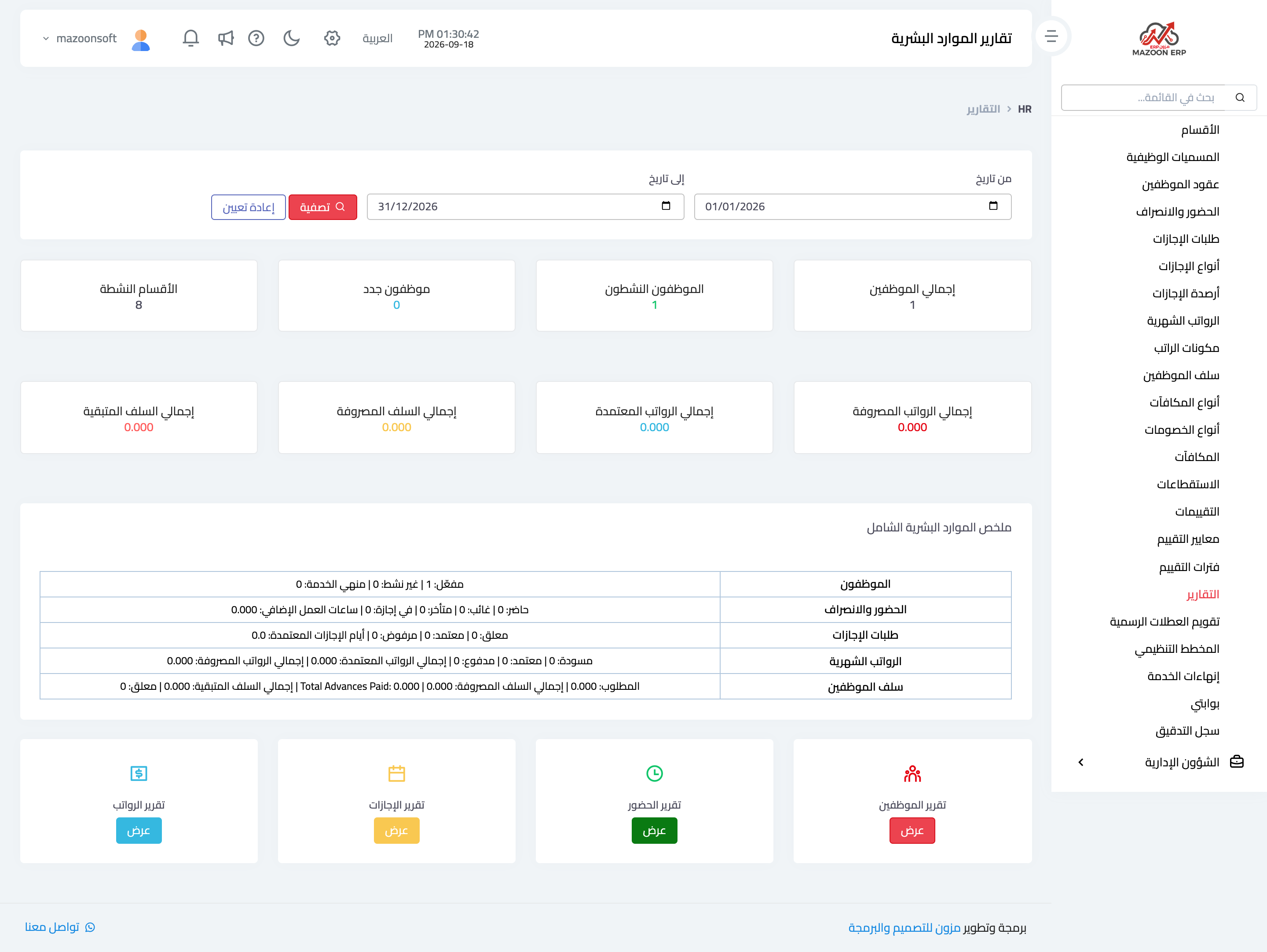 The HR reports page