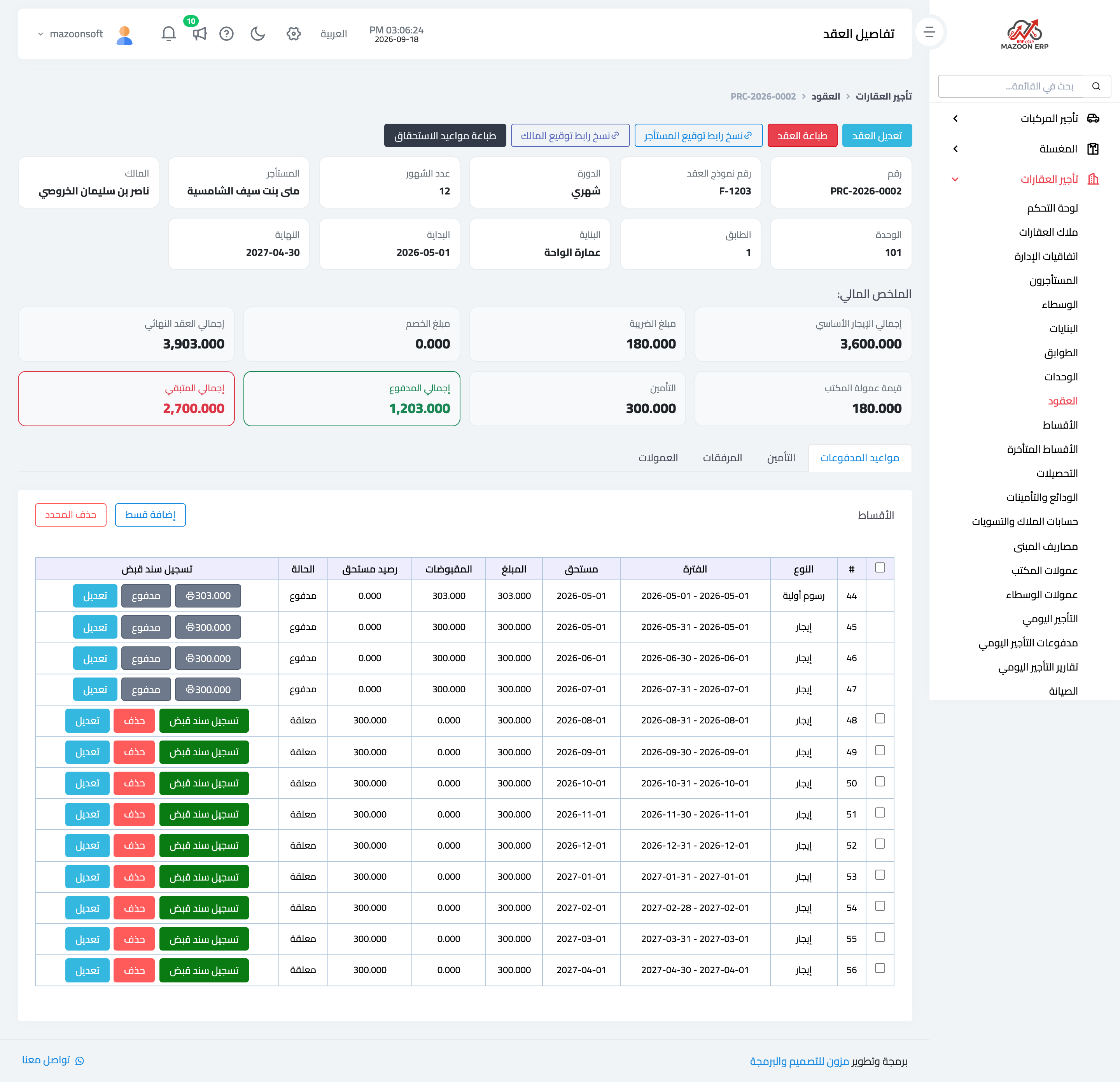The contract page, its financial summary, and instalment schedule