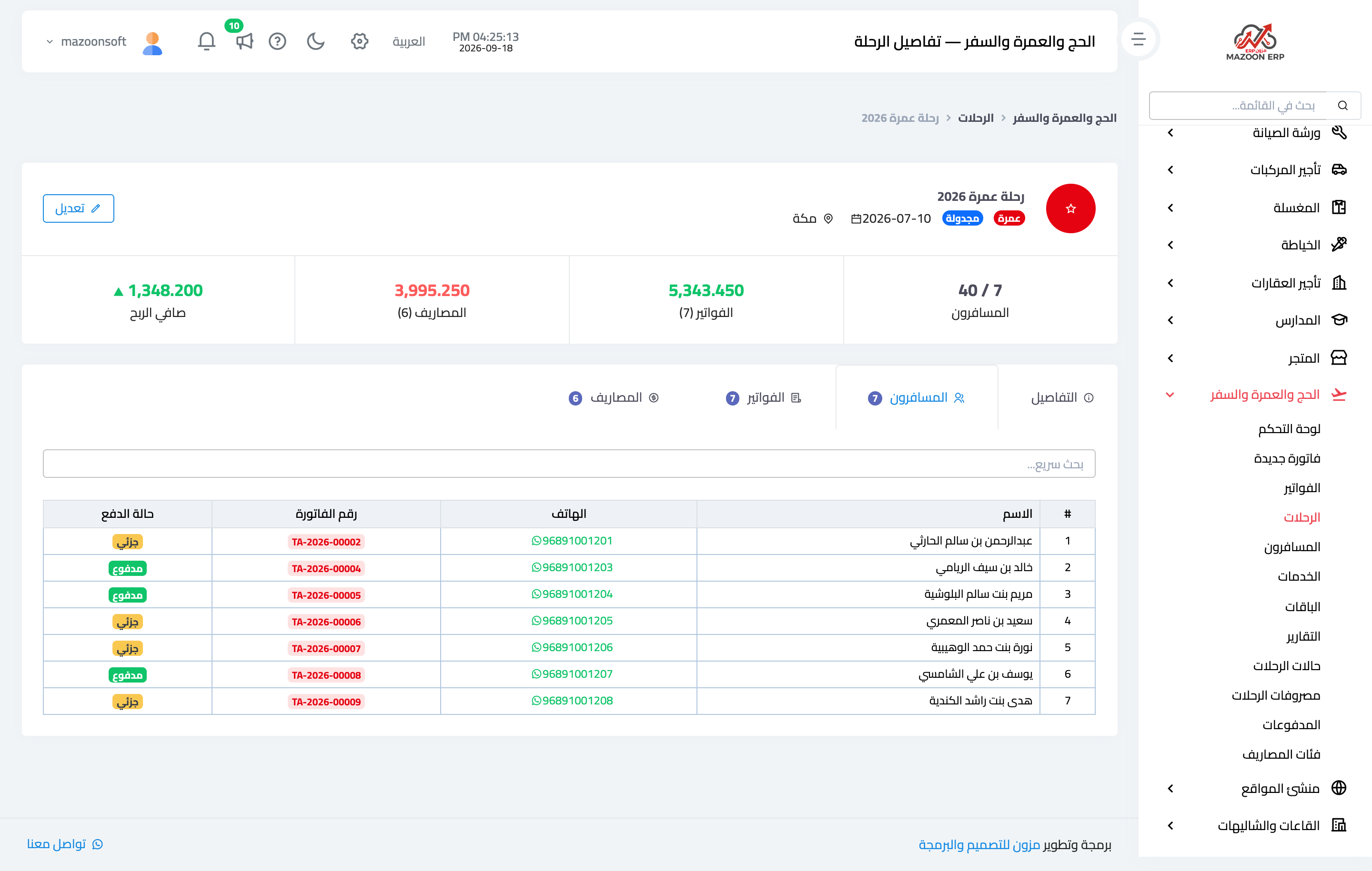 The travellers tab inside a trip with each one’s payment state